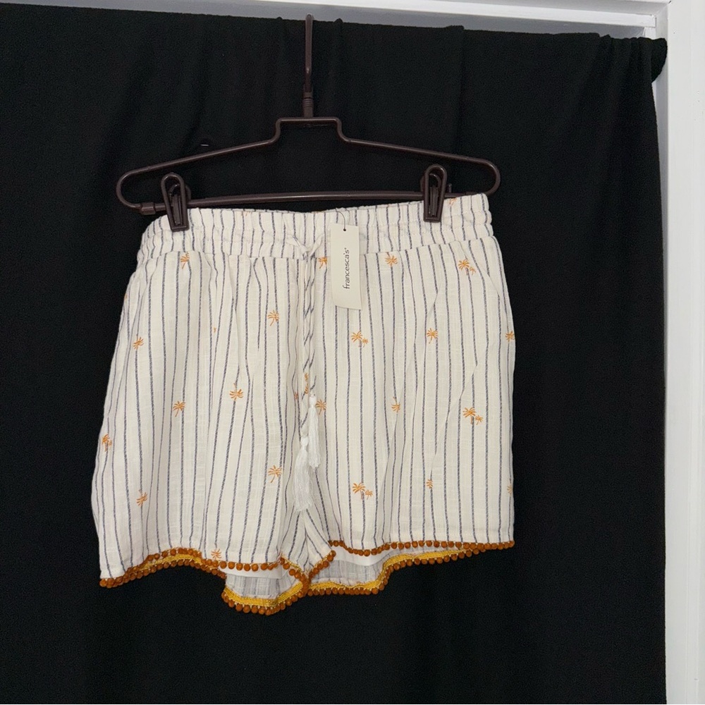White Striped Shorts with Embroidery